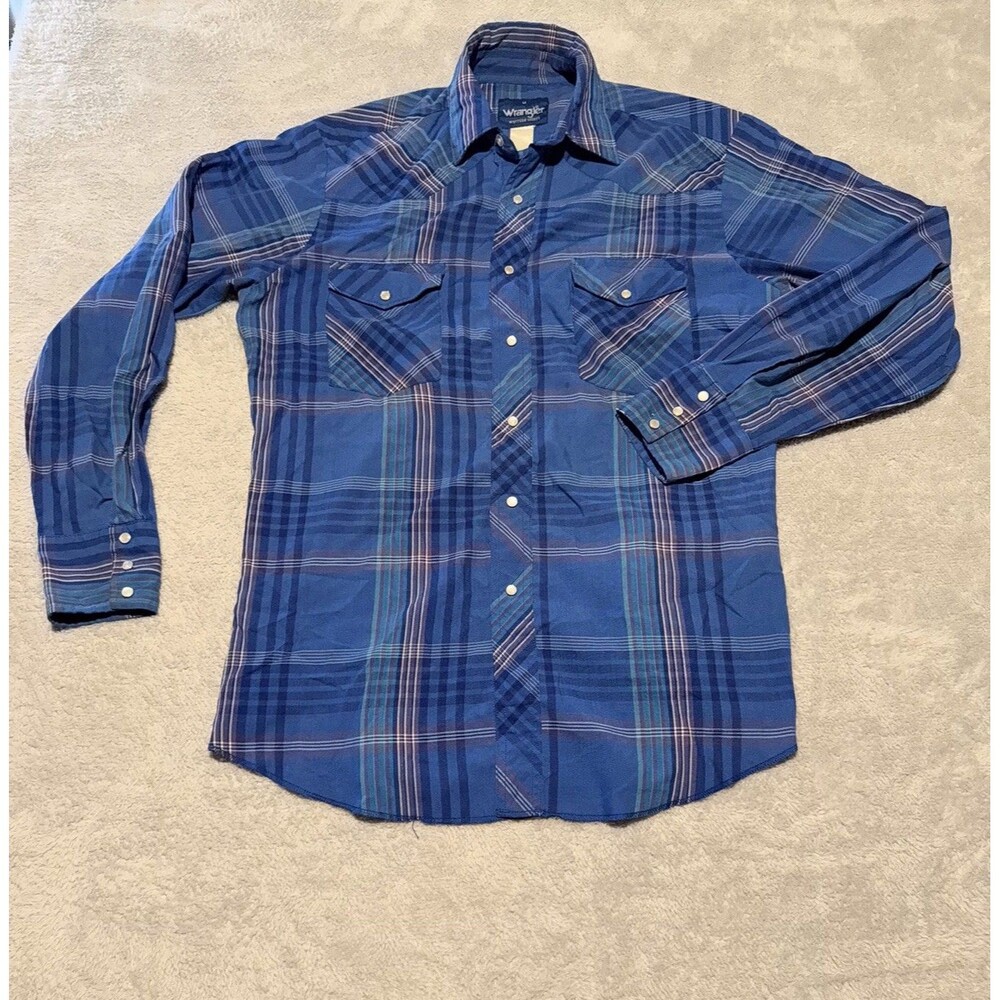Mens Vintage Wrangler Western Shirts Size Medium Purple Blue Plaid Pearl Snap